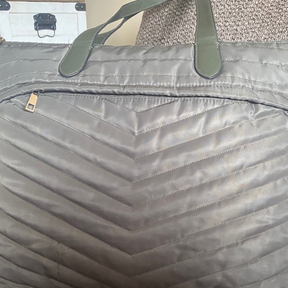 Quilted Gray Tote Bag with Green Handles Or Purse